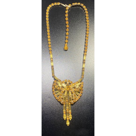 Unsigned Beauty Orange Yellow Crystal Butterfly Runway Necklace Gold Tone Retro